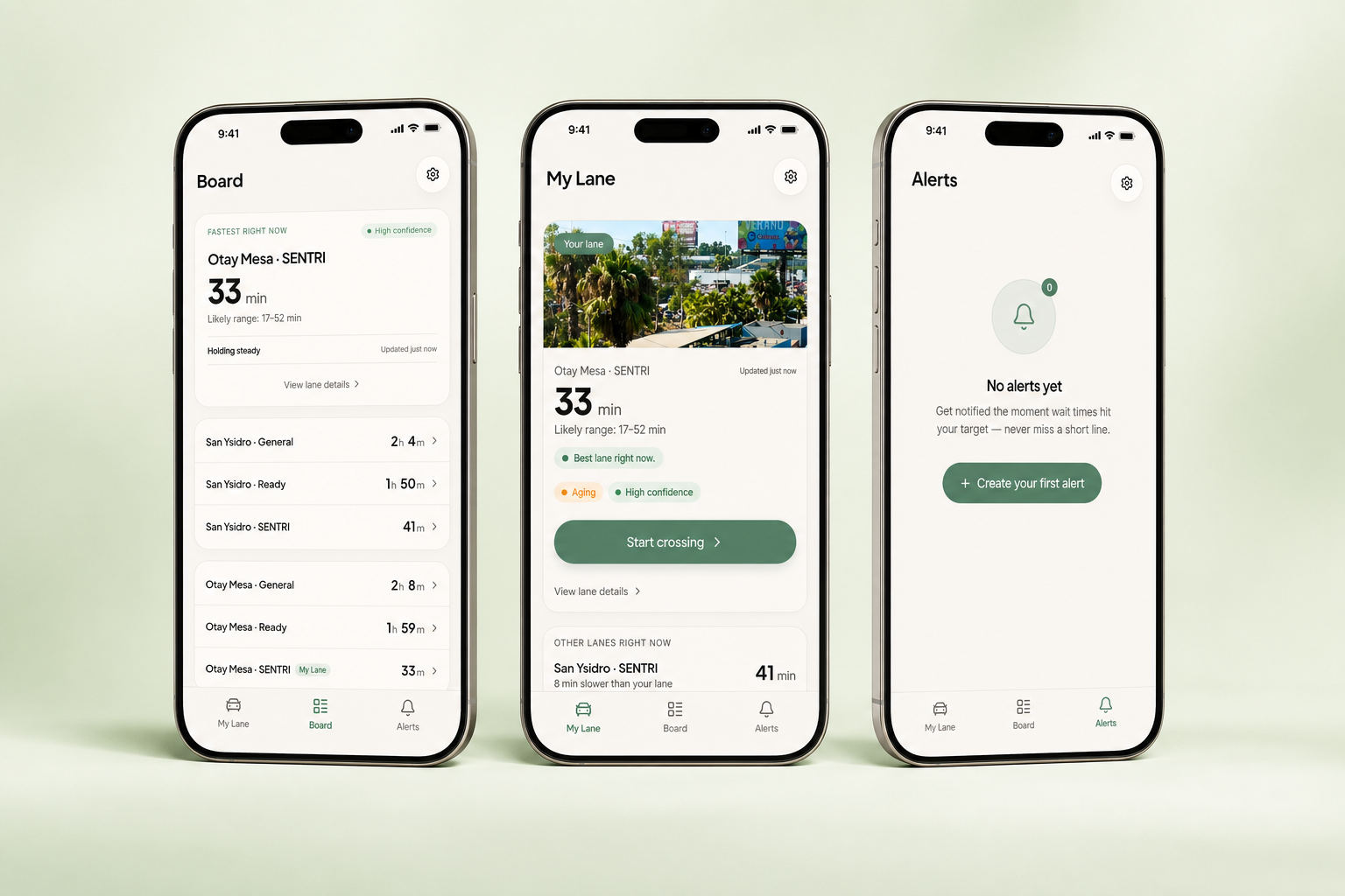 BorderSmart mobile app mockups showing lane status and wait planning screens.