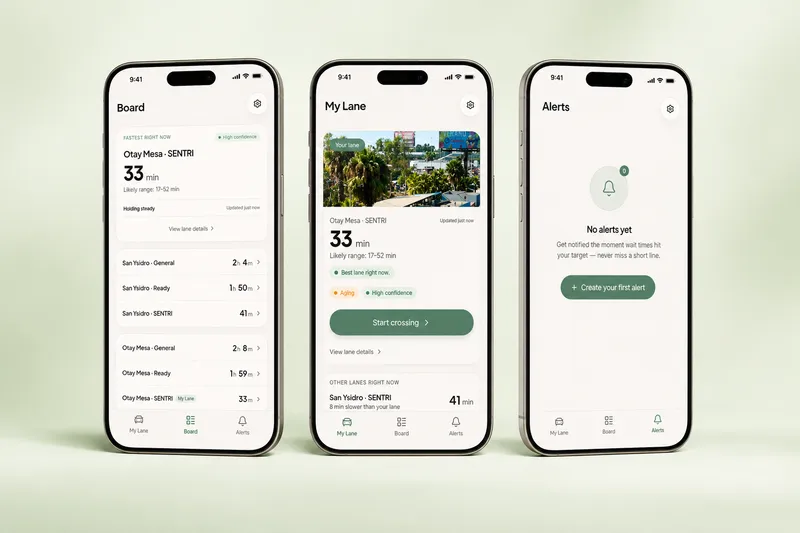 BorderSmart mobile app mockups showing lane status and wait planning screens.