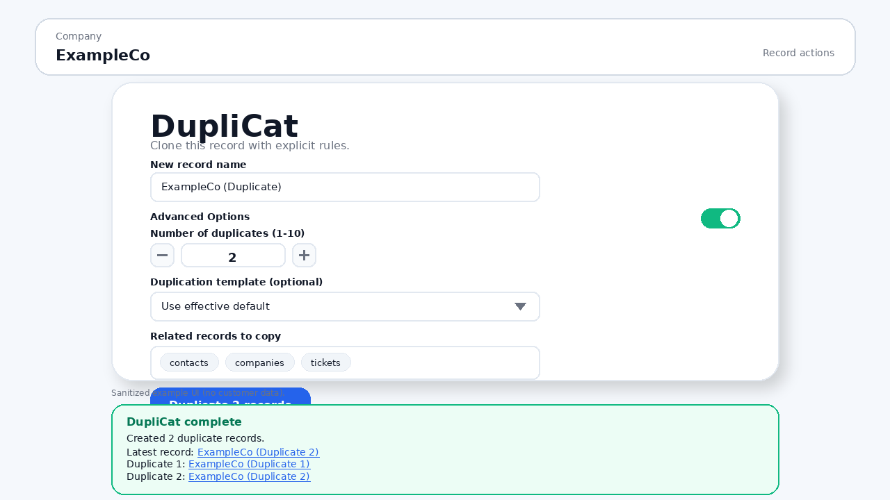 Sanitized DupliCat sample showing a HubSpot record clone completed with links to the source and copied record.