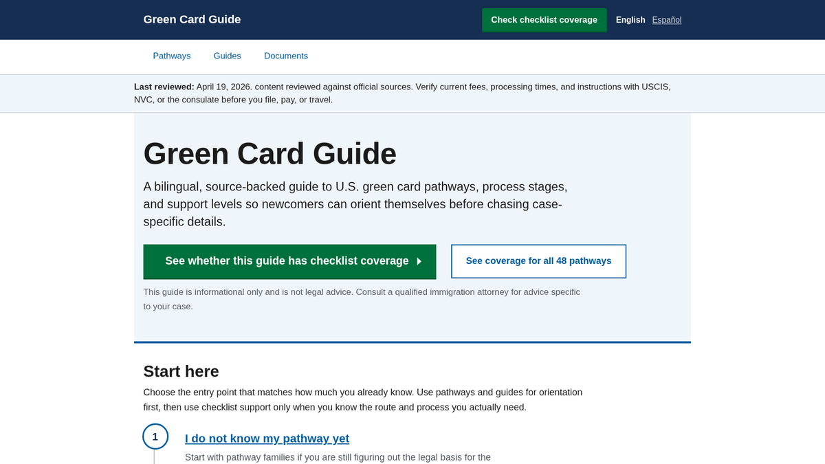GreenCardGuide public site preview showing the guide homepage and checklist coverage call to action.
