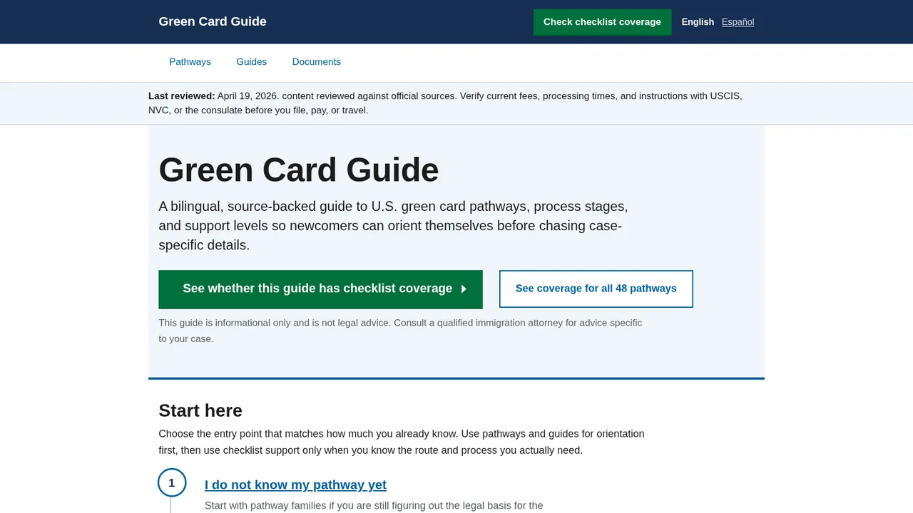 GreenCardGuide homepage with a hero headline, intro, and pathway/checklist call-to-action buttons.