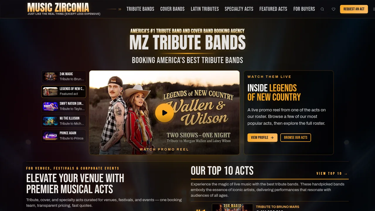 MZ Tribute Bands homepage running as a branded BandHub tenant.
