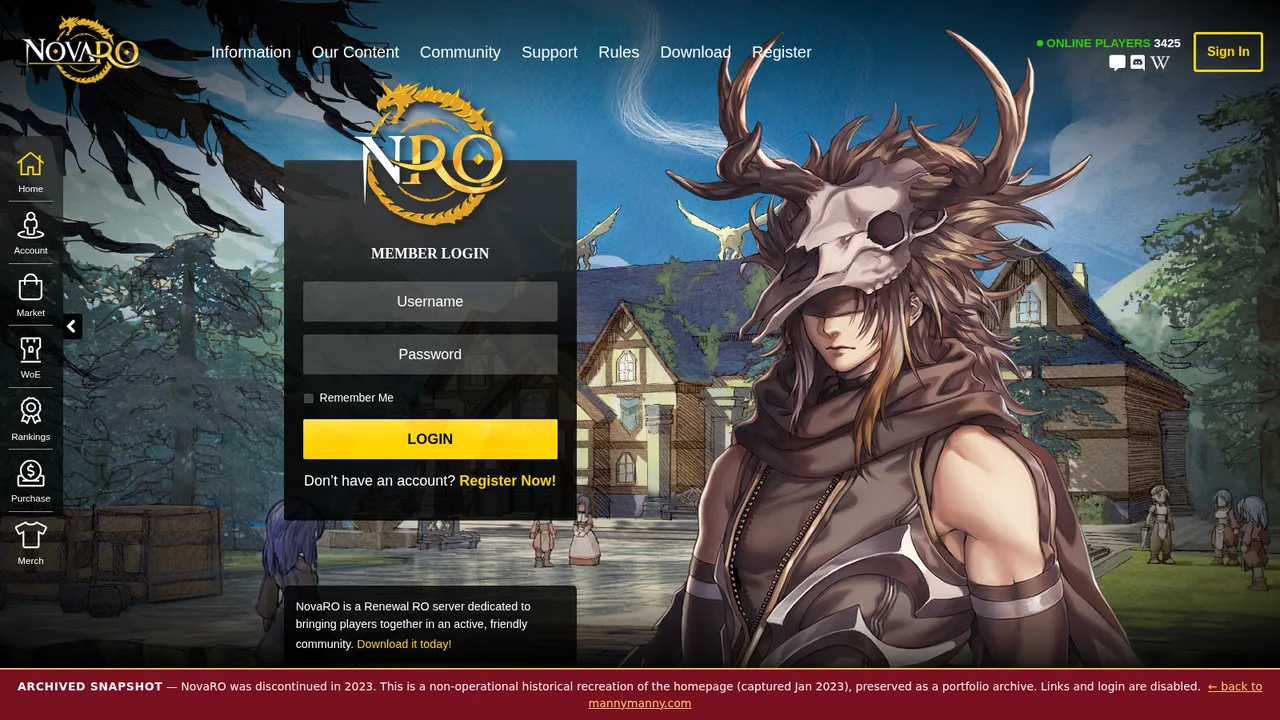 A recreated, non-operational snapshot of the NovaRO homepage with an "archived" notice across the bottom.