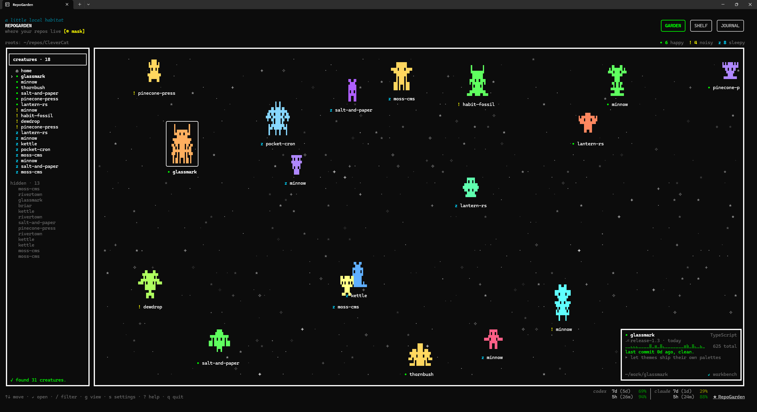 RepoGarden terminal habitat preview showing local repositories as a pixel garden.